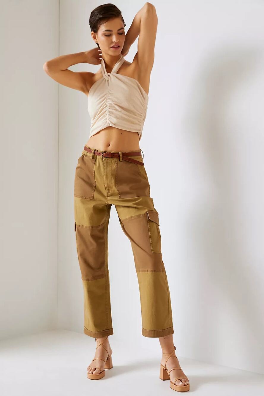 Avec Les Filles Patchwork Cargo Pants Tan Brown Anthropologie Size Small